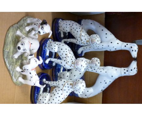 Three pairs of Staffordshire style Dalmatians and a Royal Doulton Disney's 101 Dalmatians Patch, Rolly and Freckles