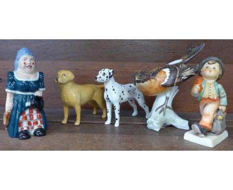 A Beswick Labrador figure, a Goebel figure, Merry Wanderer, a Wade figure, a Goebel figure of a bird and a Beswick Dalmatian,