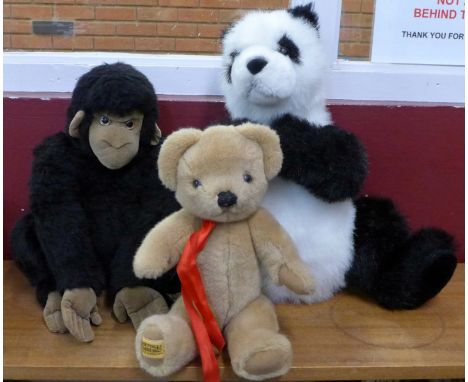 Three Merrythought soft toys, Teddy, Panda and Gorilla