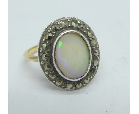 An 18ct gold, opal and marcasite ring, 2.8g, K, lacking marcasite