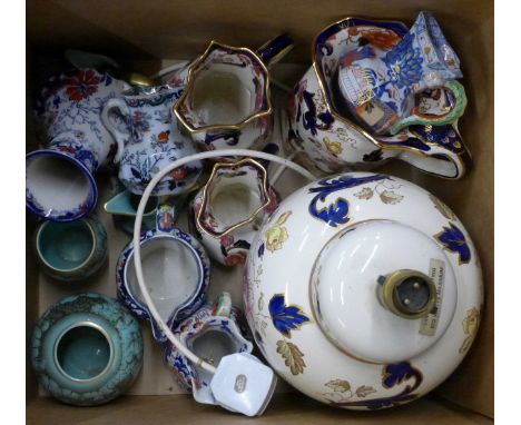 Mason's Blue Mandalay ironstone including lamp base, three graduated jugs, plus Davenport and Mason's jug and four pieces of 