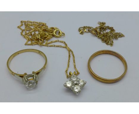 A 9ct gold ring, an 18ct gold ring, an 18ct gold pendant and chain and a 9ct gold bracelet, (18ct 5.9g, 9ct 3g), both rings P