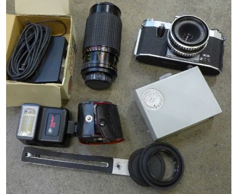 A Praktica PL camera, lenses and flash, etc.