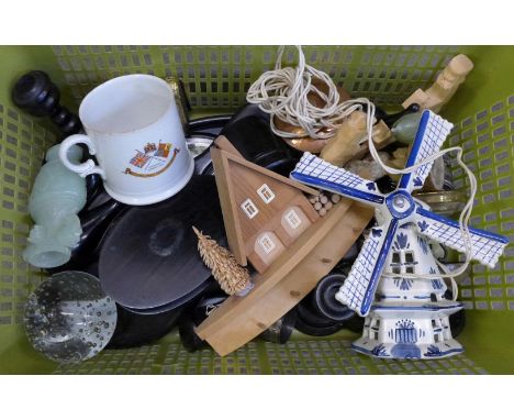 Ebonised dressing table items, a Delft windmill table lamp, a 1911 Coronation mug, a counter bell, a glass paperweight, a sil