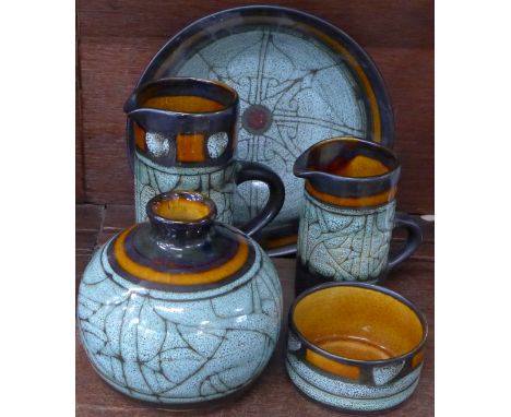 Five pieces of Newlyn Cornwall Celtic pottery