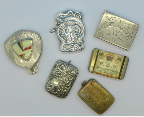 Five vesta cases and a compact, one vesta marked Joseph Robertson 1893