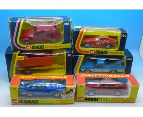 Five Corgi model cars and a trailer, all boxed, two with reproduction boxes, Marina and trailer