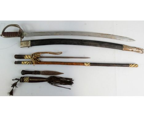 A reproduction cutlass, together with a native knife in scabbard and a native decorated sword stick (3).  