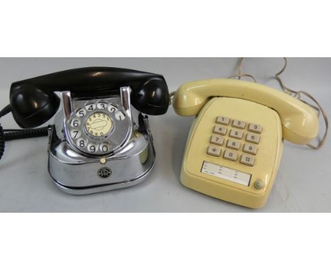 A vintage RTT chrome telephone with bakelite receiver and cradle, c. 1940's, the base reads "RTT 56 B", together with an 80's