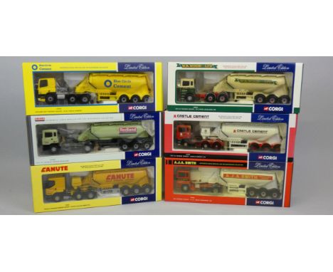 Corgi - six 1:50 scale die-cast articulated tankers, comprising: four ERF EC Powder Tankers; No. 74904 - W.R. Wood, No. 74903