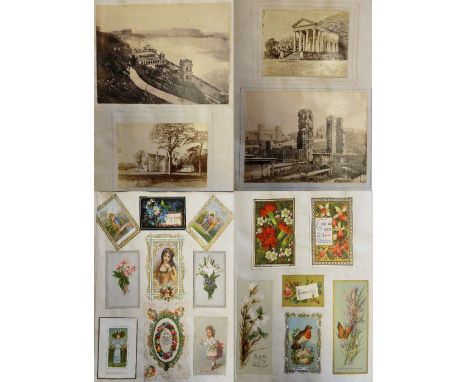 A lady's decorative scrap album containing an accumulation of vintage greeting cards and real photographs, dated 1879, contai