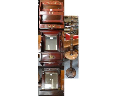 A turned oak standard lamp, together with two wall mounted mirrored cabinets and a painted wall rack (4)