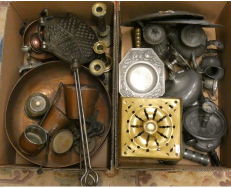 A Pewter chamber stick together with various other Pewter items including teapots, coffee pots, scales, copper cider measures