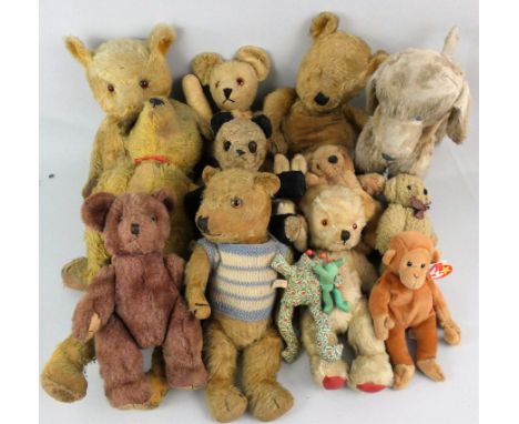 Sixteen various vintage teddy bears and plush toys, to include a Chiltern Toys dog (lacking frame), a grandfather bear, a pan