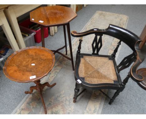 A rush seated ebonised corner chair, together with an occasional table and a tripod table (3)