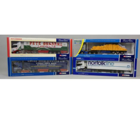 Corgi - four limited edition 1:50 scale die-cast articulated lorries, comprising: CC12207 Scania Curtainside - Pete Osborne L