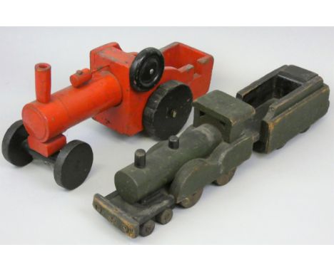 Two vintage handpainted wooden trains, one in red livery and the other in green with tender, longest length 49 cm (2).  