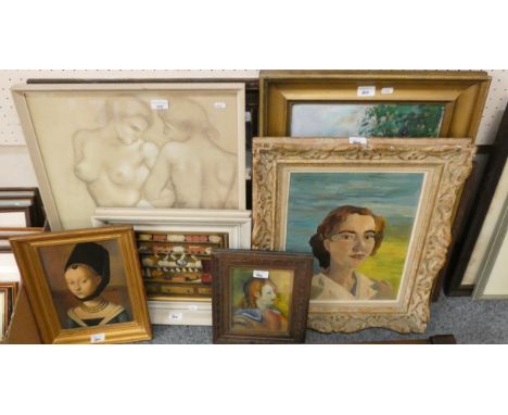A French portrait of a lady, oil on board, 40 x 32 cm, together with other oils and prints