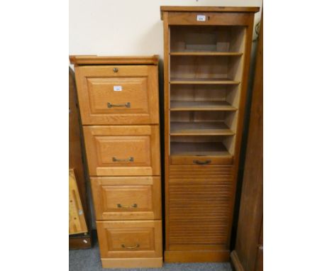 A roller shutter storage cabinet, 150 cm tall, 46 cm wide, together with a four drawer filing cabinet, 130 cm tall, 41 cm wid