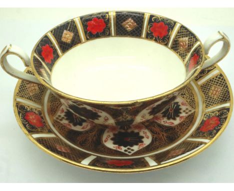 Royal Crown Derby twin handle cup and saucer, saucer, D: 16 cm. No cracks, chips or visible restoration. P&amp;P Group 1 (£14