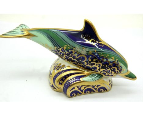 Royal Crown Derby Baby Bottlenose Dolphin, with silver stopper, L: 13 cm. No cracks, chips or visible restoration. P&amp;P Gr
