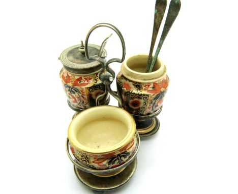 Royal Crown Derby three piece cruet set on a plated stand, H: 80 mm. No cracks, chips or visible restoration. P&amp;P Group 1