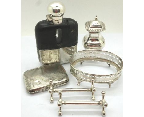 Hallmarked silver cigarette case and dish stand, combined 103g, with a quantity of silver plate. P&amp;P Group 2 (£18+VAT for