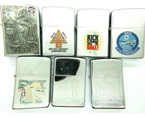 Seven mixed Zippo lighters. P&amp;P Group 1 (£14+VAT for the first lot and £1+VAT for subsequent lots) 