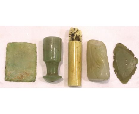 Four Chinese jade ornamental carvings and a carved bone seal stamp, largest H: 60 mm. P&amp;P Group 1 (£14+VAT for the first 