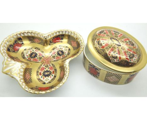 Royal Crown Derby covered pot and 1128 pattern Royal Crown Derby trifoil dish, pot H: 40 mm. No cracks, chips or visible rest