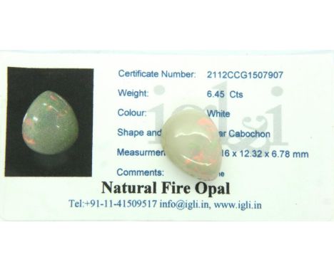 Natural fire opal, 6.45cts in pear cabochon, D: 16 mm, complete with IGLI CoA. P&amp;P Group 1 (£14+VAT for the first lot and