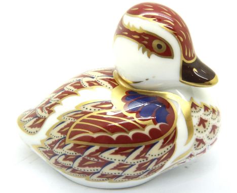 Boxed Royal Crown Derby swimming duckling with gold stopper, H: 60 mm. No cracks, chips or visible restoration. P&amp;P Group