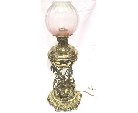 A large reproduction brass oil lamp form table lamp with electric fitting and etched glass shade, overall H: 62 cm. All elect