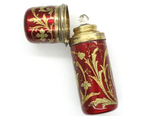 19th century French cylindrical gold washed silver mounted enamel perfume bottle with glass stopper, gilt floral decoration t