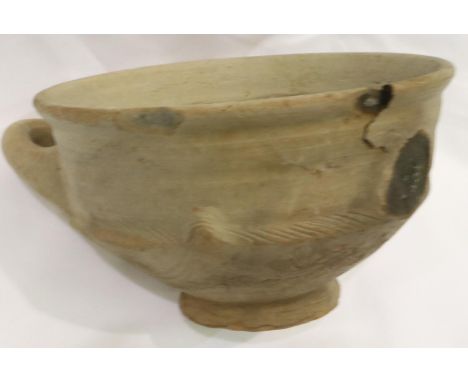 South Italian Colonies Etruscan: grey earthenware Kylix with twin handles (one missing), three moulded linear lines surroundi