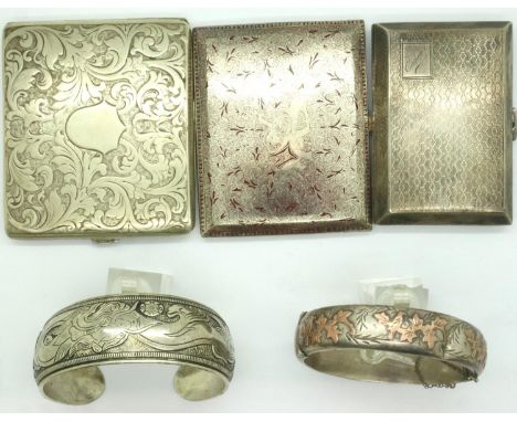 John Henry Wynn hallmarked silver cigarette  case, silver bangle, Chester assay 1961 (final year, dented), combined 77g, a Ch