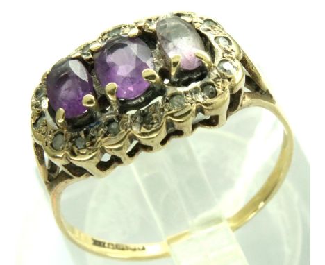 9ct gold ring set with three amethyst and diamonds, size N, 2.1g. P&amp;P Group 1 (£14+VAT for the first lot and £1+VAT for s