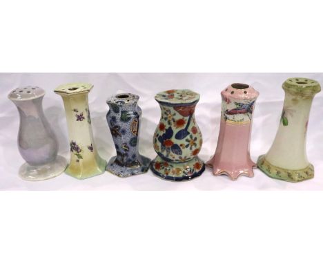 Six Victorian and Edwardian ceramic hat pin stands, largest H: 13 cm. P&amp;P Group 3 (£25+VAT for the first lot and £5+VAT f