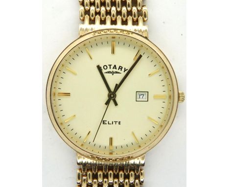 Rotary Elite: gents 9ct gold cased wristwatch on a 9ct gold bracelet, gross weight 53.4g, requires battery. P&amp;P Group 1 (