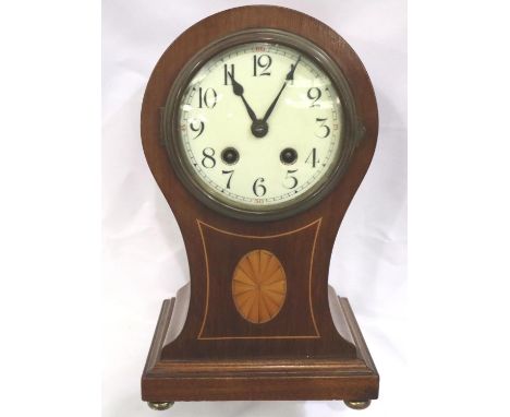 An Edwardian inlaid walnut balloon clock, chiming on a gong with Gustav Becker movement, working at time of lotting. Not avai