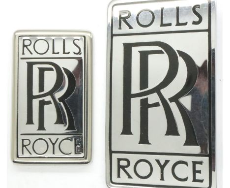 Two metal Rolls Royce motor car badges, largest 70 x 40 mm. P&amp;P Group 1 (£14+VAT for the first lot and £1+VAT for subsequ