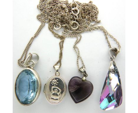 Four 925 silver pendant necklaces, three set with stones, combined 18g. P&amp;P Group 1 (£14+VAT for the first lot and £1+VAT