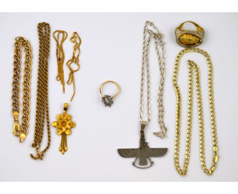 POLICE > A 9ct H/M bracelet & chain A/F, with a damaged unmarked ring, bracelet & pendant all A/F, total approx weight 17.1g,