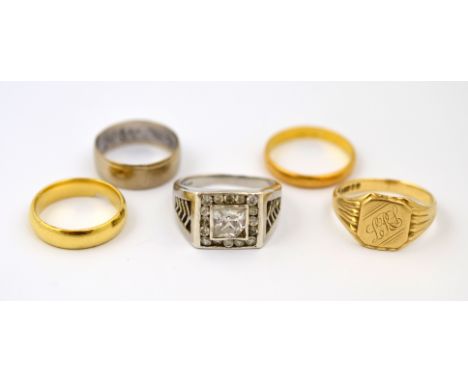 POLICE > Two 9ct H/M rings, approx total weight 8.4g, with an 18ct H/M ring, approx 6.7g, and a 22ct H/M ring, approx 3.6g, a
