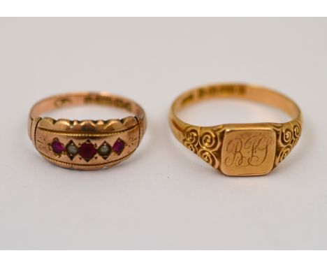 A Victorian ruby and pearl set ring H/M 9ct Birmingham 1881, size L, with an Edwardian signet ring H/M 15ct Chester 1913, siz