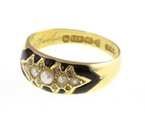 A 15ct H/M mourning ring set with rose cut diamonds, pearls & black enamel, approx 3.2g, size P