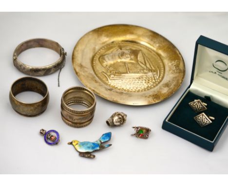 Mixed lot to include a Scandinavian dish marked '830 S', two napkin rings, a Hallmarked Silver  bangle, two enamelled brooche