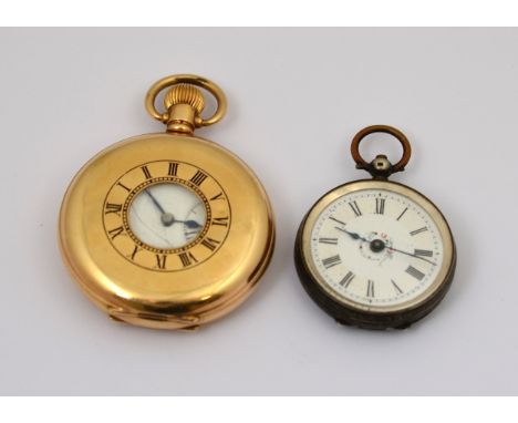 A gold-plated (20 years) Half-Hunter Dennison-cased top-wind pocket watch, working order. Together with another pocket-watch 