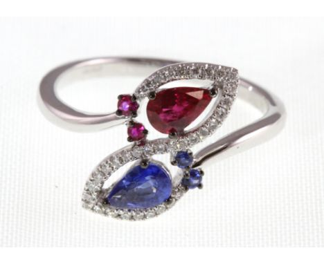 An 18ct H/M sapphire, ruby & diamond double cluster ring, ruby & sapphire approx weight 0.50ct each, size P/Q