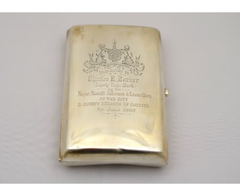 An Edwardian silver cigar case H/M Birmingham 1903 with 'Chester' City Council inscription, approx 184g